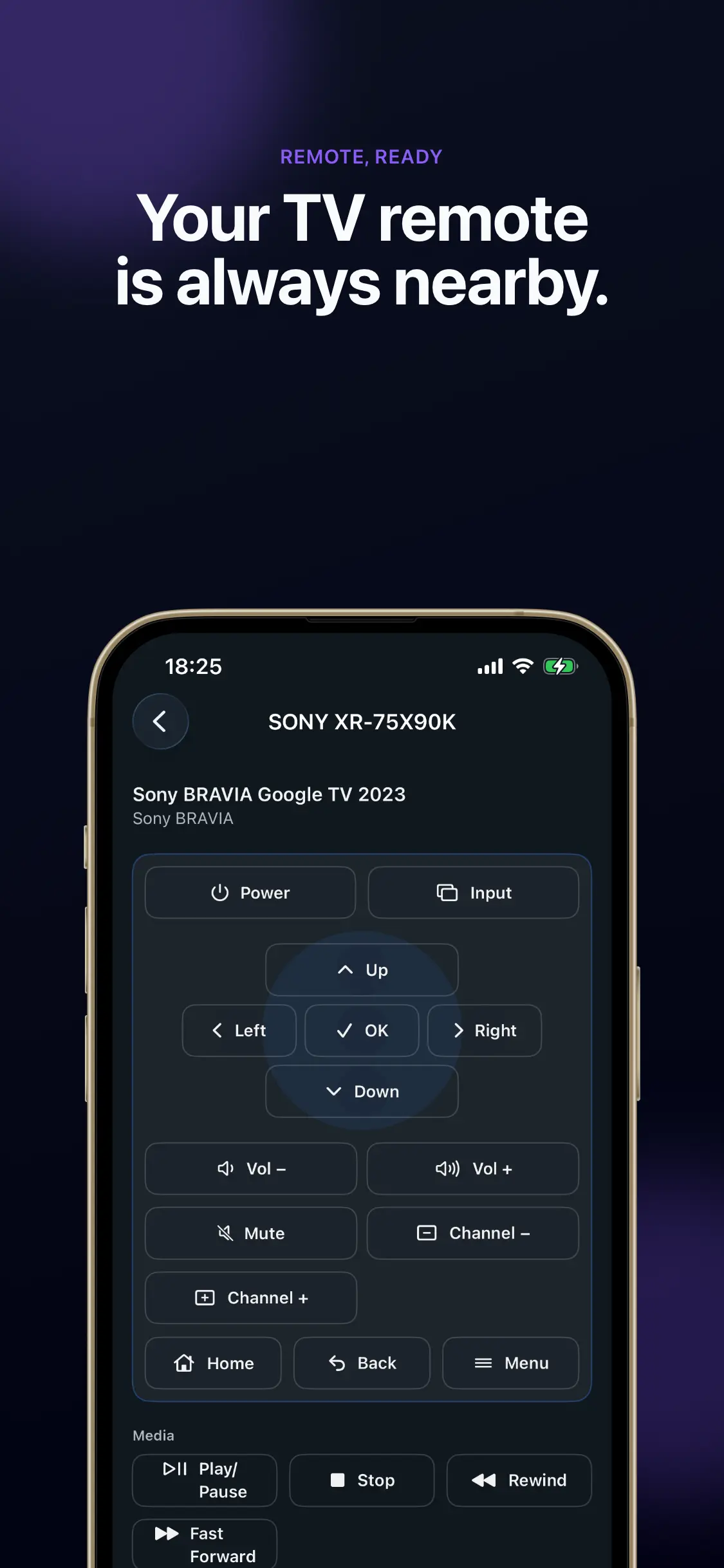 Remote Control app showing a full Sony TV remote with navigation, volume, channel, and media controls